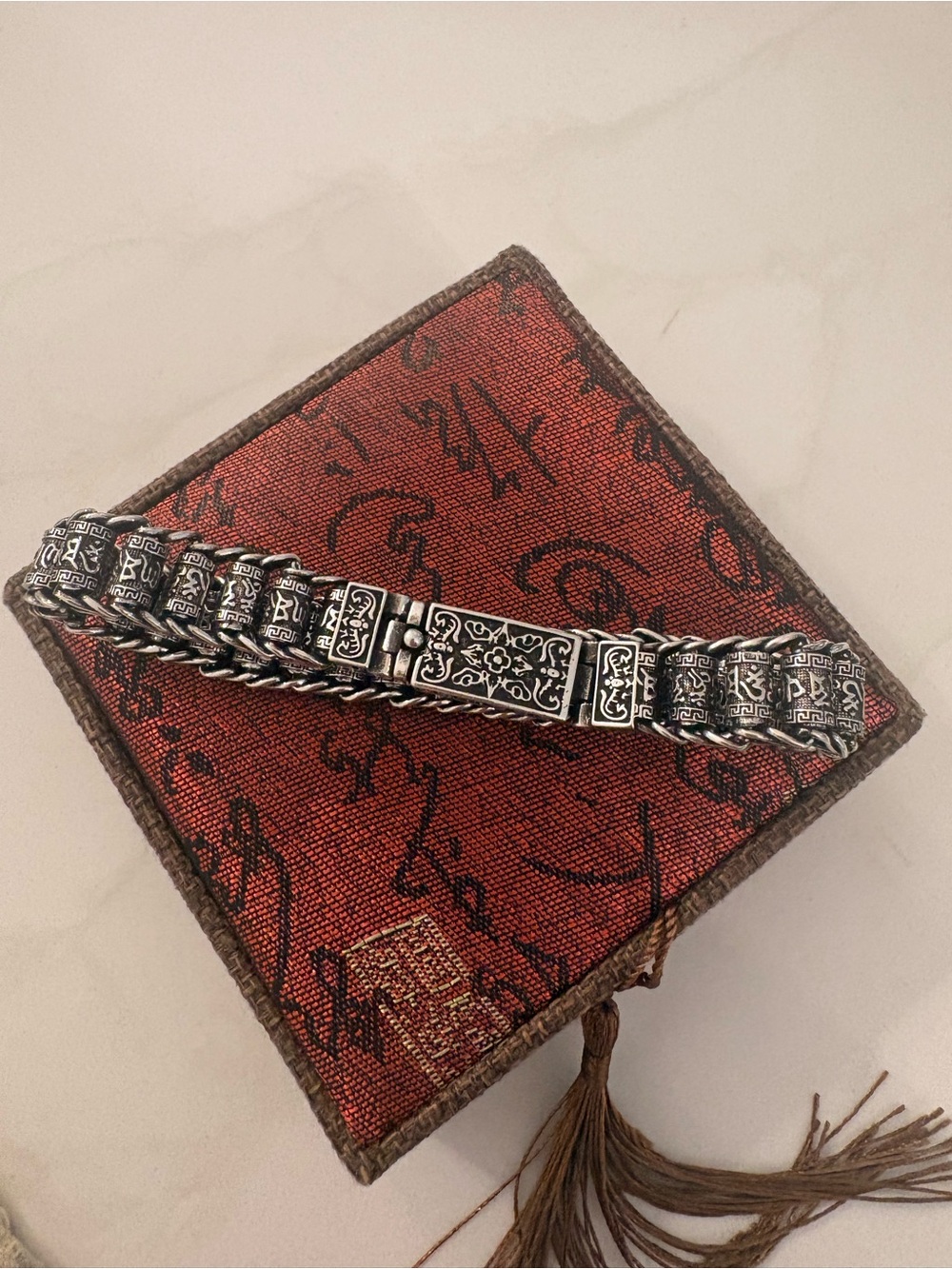 925 Sterling Silver Chain Bracelet with Carved Panels - Picture 2 of 4
